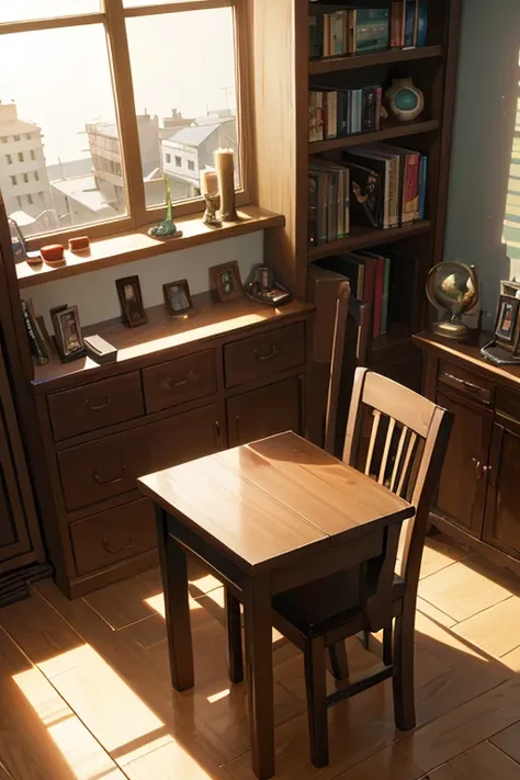 A room with a table, chair, and bookshelf, dining room!, typical anime classroom, room of an unknown artist, Madhouse Studio anime style, Inca, anime scene, anime background art, courtroom, todays recommended anime is still, in a dojo, inside a weapons sho...