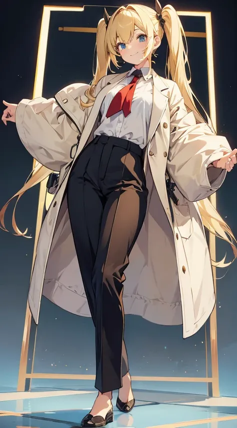 Blonde twintails,Whole body, Standing figure, exposed navels, trouser, high-level image quality, A smile, Modern clothes