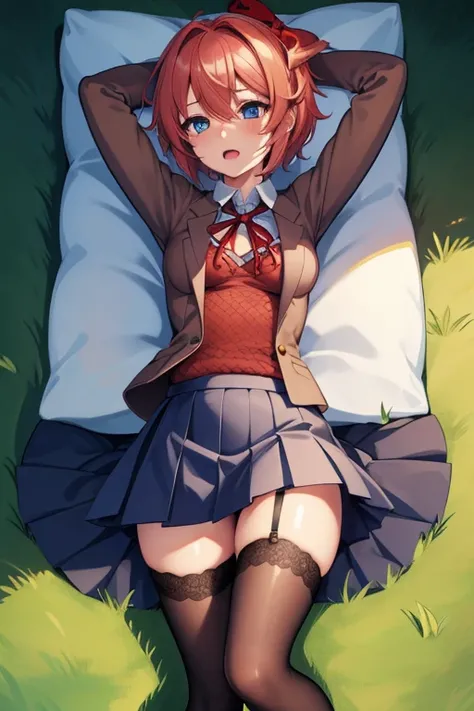 ddlcsayori, ddlcsayori, blue eyes, hair between eyes, hair bow, hair ornament, pink hair, ((red bow:1.4)), short hair,
BREAK blue skirt, pleated skirt, school uniform, skirt, brown jacket, jacket,
BREAK looking at viewer,
BREAK playground background, outdo...