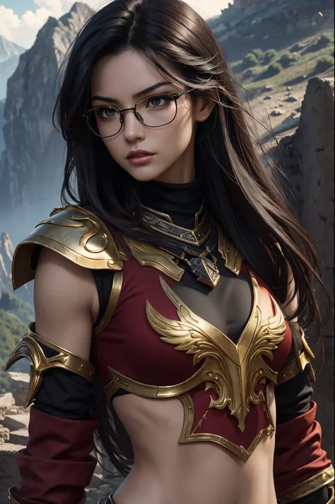 8K,very small breasts,Beautiful long black hair,A slender woman wearing luxurious red and black combat uniform is posing.,Super beauty(Like the real thing) very small breasts, lean body muscles,real looking skin,Thin glasses,cabelos preto e longos,Black ey...