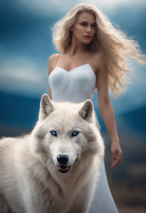 Mysticism, legend, White wolf and girl, ((White wolf and girl)), (huge wolf), (a huge white wolf guards a beautiful girl), motion, running, Running on the Milky Way, blue eyes, White wolf fur glows with silver sparks, (young girl, very young), NSFW, (age16...