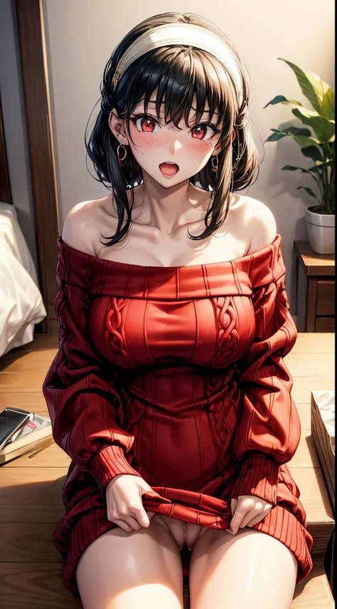 masterpiece, yor, 1girl, solo, looking at viewer, open mouth, black hair, red eyes, dress, bare shoulders, jewelry, collarbone, sidelocks, hairband, earrings, indoors, off shoulder, :o, sweater, arms behind back, plant, short hair with long locks, white ha...