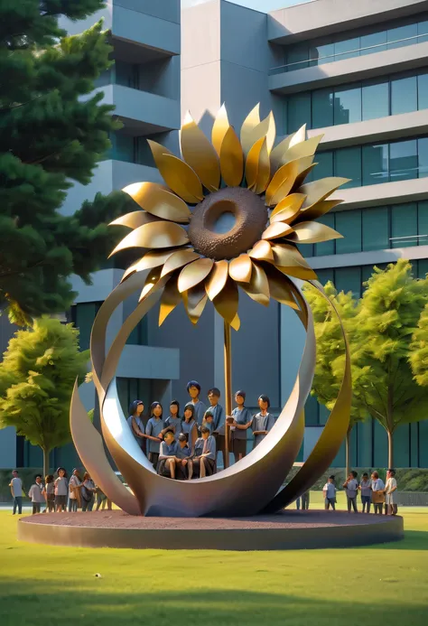 school sculpture，Cute teacher holding sunflower，Surrounded by a group of students，on the school lawn，full iron，metalictexture，metallic  luster，vectorial art，Soft color palette，abstract sculpture，3D sculpture with abstract light，modern chinese literati，Grad...