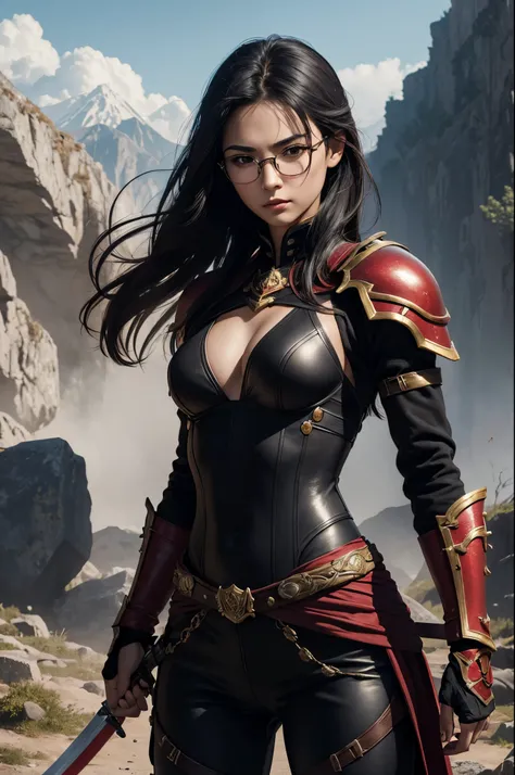 8K,very small breasts,Beautiful long black hair,A slender woman wearing luxurious red and black combat uniform is posing.,Super beauty(Like the real thing) very small breasts, lean body muscles,real looking skin,Thin glasses,cabelos preto e longos,Black ey...