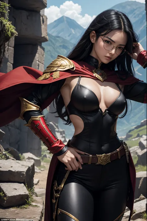 8K,very small breasts,Beautiful long black hair,A slender woman wearing luxurious red and black combat uniform is posing.,Super beauty(Like the real thing) very small breasts, lean body muscles,real looking skin,Thin glasses,cabelos preto e longos,Black ey...