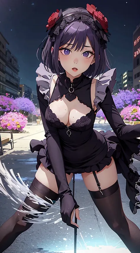 MarinLora, blush, short hair, black hair, hair ornament, thighhighs, long sleeves, purple eyes, purple hair, flower, pantyhose, hairband, frills, hair flower, (((dynamic pose))), (lean forward:1.5), (very wide open chest: 1.3)