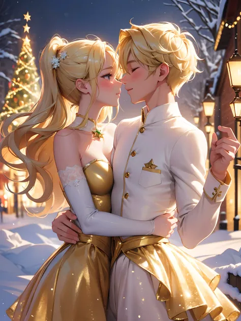 (masterpiece),best quality, ultra detailed, (Absurdres:1.2), create a cute romantic Illustration of a blonde ballet couple in love, Christmas scenery, shimmer, Upper Dynamic Angle, rich picturesque colors, gorgeous digital painting