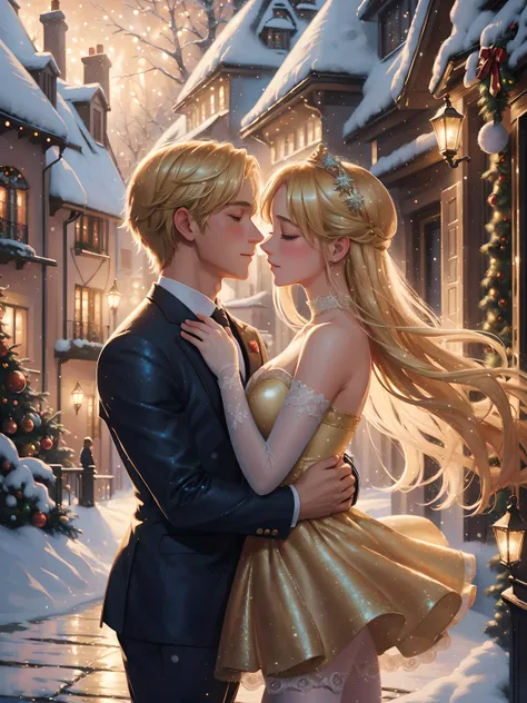 (masterpiece),best quality, ultra detailed, (absurdres:1.2), create a cute romantic illustration of a blonde ballet couple in lo...