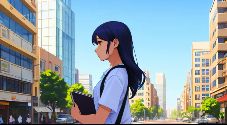 girl walking holding book side profile white shirt downtown city view street blue hue view crowded sunny day vibrant blue tinted colors