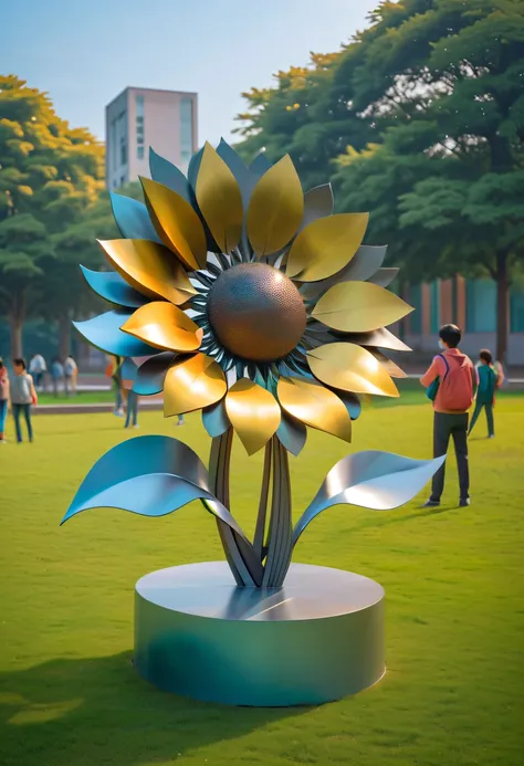 school sculpture，Cute teacher holding sunflower，Surrounded by a group of students，on the school lawn，full iron，metalictexture，metallic  luster，vectorial art，Soft color palette，abstract sculpture，3D sculpture with abstract light，modern chinese literati，Grad...