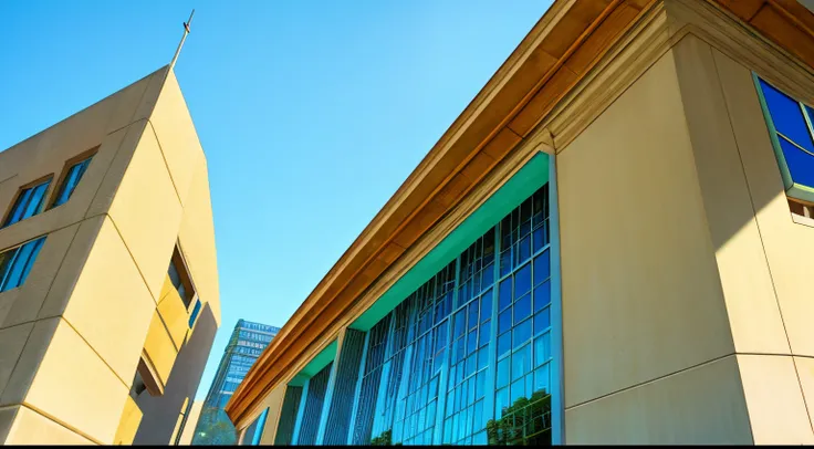 low angle looking up beautiful library entrance concrete building blue hue view sunny day vibrant blue tinted colors