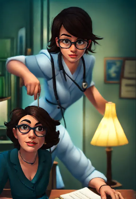 (A 40-year-old female doctor),(dark brown hair),( eyeglass),(olhos castanhos),(trabalhando na frente de um computador),(Pixar e Disney inspirados),(cores vibrantes),(soft lighting)