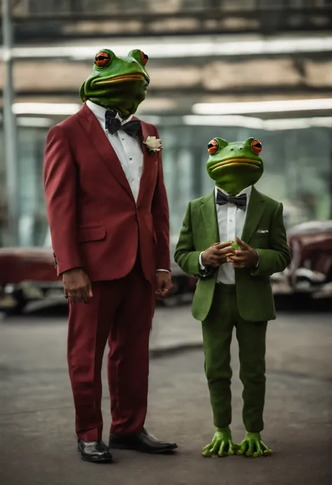 A man wearing and a frog wearing a suit, standing next to each other, wearing sunglasses, high quality, high detail, 8k