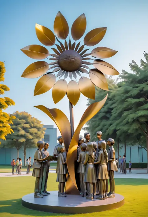 school sculpture，Cute teacher holding sunflower，Surrounded by a group of students，on the school lawn，full iron，metalictexture，metallic  luster，vectorial art，Soft color palette，abstract sculpture，3D sculpture with abstract light，modern chinese literati，Grad...