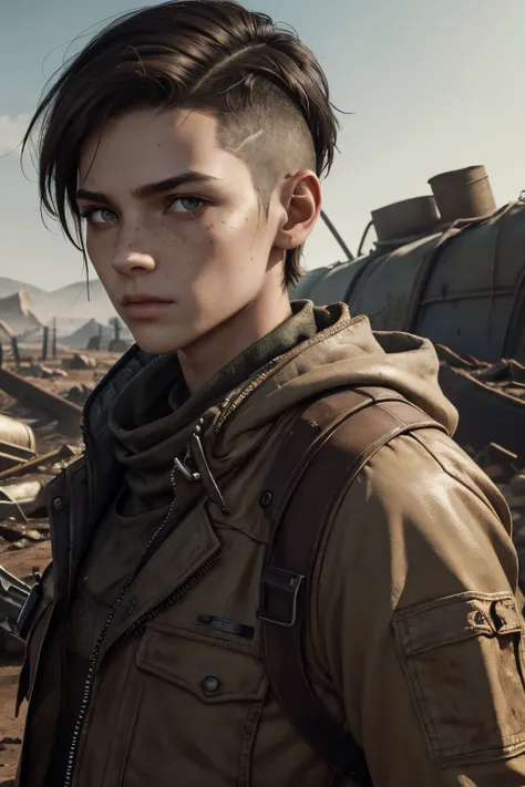 An androgynous male survivor in the wasteland. Apocalyptic setting. Very short hair. Short manly haircut. Dark-brown hair with a undercut. Very pale skin with freckles and liverspots. Round soft face. Round soft chin. Round soft cheeks. Curved lips. Long w...