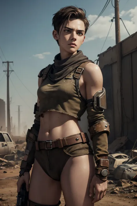 An androgynous female survivor in the wasteland. Apocalyptic setting. Very short hair. Short manly haircut. Dark-brown hair with a undercut. Very pale skin with freckles and liverspots. Round soft face. Round soft chin. Round soft cheeks. Curved lips. Long...