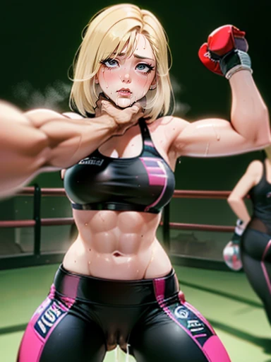 ((viewer chokes mature female boxer girl)), 1st person view, sexy lips, sports bra, ((boxing gloves ,sweat all over the body,（An enthusiastic look）,steam,((two womens)),in crotch, eyes rolling,Ripe body,NSFW,female face,standing back, (cum on clothes:1.3),...