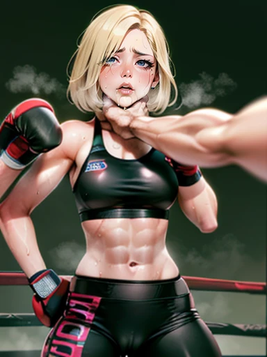 ((viewer chokes mature female boxer girl)), 1st person view, sexy lips, sports bra, ((boxing gloves ,sweat all over the body,（An enthusiastic look）,steam,((two womens)),in crotch, eyes rolling,Ripe body,NSFW,female face,standing back, (cum on clothes:1.3),...