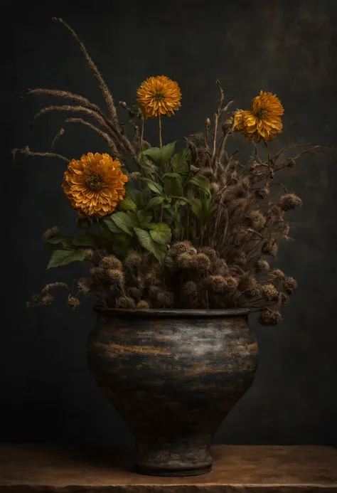 Extrememly realistic,  FLOWER POT WITH WITHERED Dead plant , black mountain college, bloomsbury group, portraiture style of edwardian beauty, layered textures , elegantly formal (Rembrandt Lighting), zeiss lens, ultra realistic, (high detailed skin:1.2), 8...