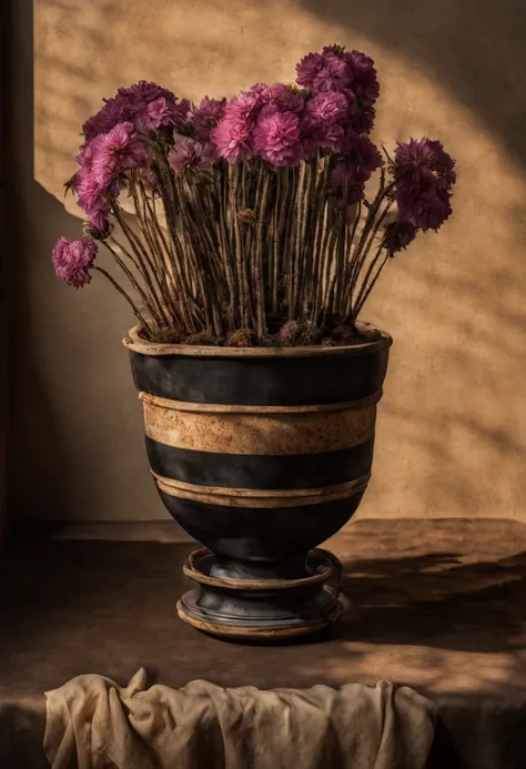 Extrememly realistic,  FLOWER POT WITH WITHERED Dead plant , black mountain college, bloomsbury group, portraiture style of edwardian beauty, layered textures , elegantly formal (Rembrandt Lighting), zeiss lens, ultra realistic, (high detailed skin:1.2), 8...