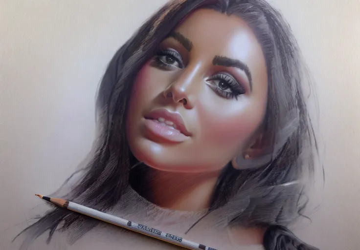 clear drawing of a woman with long hair and a pencil, realistic sketch, hyperrealistic sketch, Retrato de Kim Kardashian, pencil draw, desenho fosco. master part, desenho realista, desenho de realismo, Retrato de Lady Gaga, professional sketch, fine art sk...