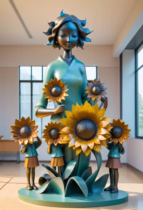 school sculpture，Cute teacher holding sunflower，Surrounded by a group of students，in a school，full iron，metalictexture，metallic  luster，Soft color palette，abstract sculpture，3D sculpture with abstract light，modern chinese literati，Gradient of color，hierarc...