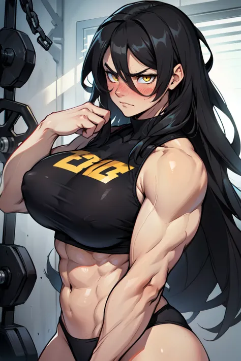 girl huge breasts bodybuilder muscular toned body pale skin black hair very long hair yellow eyes angry (blushing embarrassed)