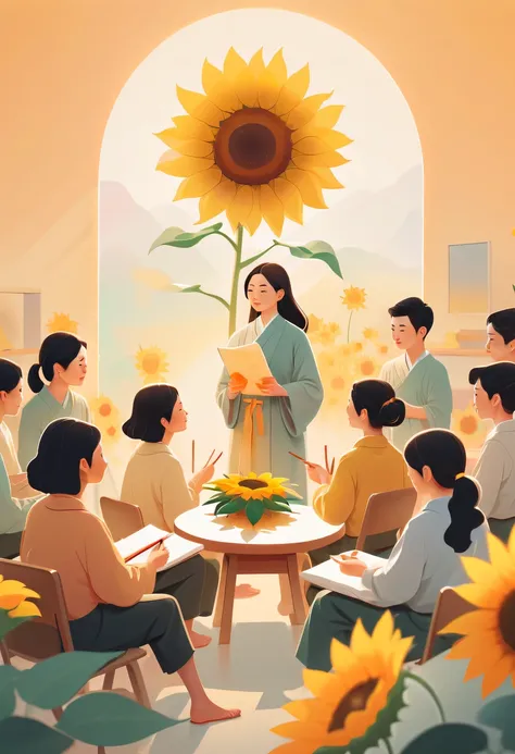 Teachers Day illustration，Cute teacher holding sunflower，Surrounded by a group of students，in class room， vectorial art，Soft color palette，abstract paintings，Zen Buddhism，Cover art with abstract light，modern chinese literati，Gradient of color，hierarchical ...