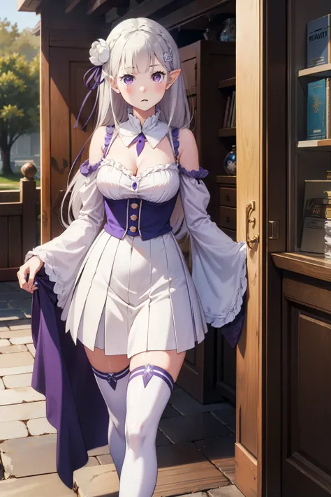 1girl, solo, Emilia, emilia_(re:zero), long hair, silver hair, blunt bangs, braid, hair ornament, hair flower, hair ribbon, purple ribbon, purple eyes, blush, low-tied long hair, elf, dress, bare shoulders, detached sleeves, wide sleeves, cleavage, pleated...