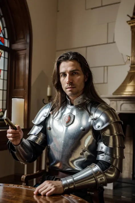 Editorial style photo , European man 40 years old sitting at a wooden table, dressed as a knight of the Middle Ages, wearing metallic shiny armor, no helmet, dagger in hand, in a traditional castle hall with white walls and stained glass accents, crash, co...