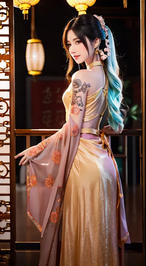 （Anime style）（quadratic element）An ancient Chinese beauty, charming temperament, Flowing long skirt, Clear face, Beautiful eyes, Surrounding osmanthus, Perfect body structure proportional、masuter piece, epic composition, Color tattoo art, New Traditional T...