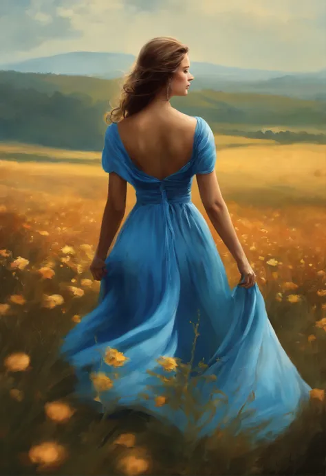 Painting of a woman in a blue dress, walking across the field., beautiful gorgeous digital art, beautiful digital painting, beautiful digital art, Very beautiful digital art, beautiful character painting, beautiful fantasy maiden, gorgeous digital painting...