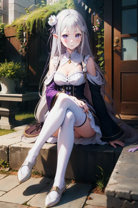 1girl, solo, Emilia, emilia_(re:zero), long hair, silver hair, blunt bangs, braid, hair ornament, hair flower, hair ribbon, purple ribbon, purple eyes, blush, low-tied long hair, elf, dress, bare shoulders, detached sleeves, wide sleeves, cleavage, pleated...