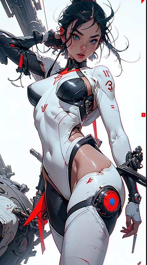 (((Young White Woman))), ((Best Quality)), ((Masterpiece)), (Detail: 1.4), 3D, A Beautiful Cyberpunk Woman with Simon Bisley-style micro thong, Genesis evangelion neon style clothing, 2-piece clothing, Long silver hair, arm tatoo, cybernetic hands, (((cybo...