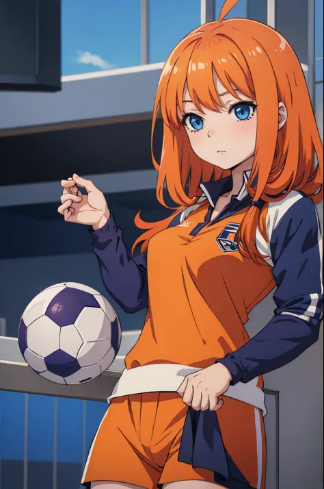 Anime girl, orange hair,soccer uniform, blue eyes