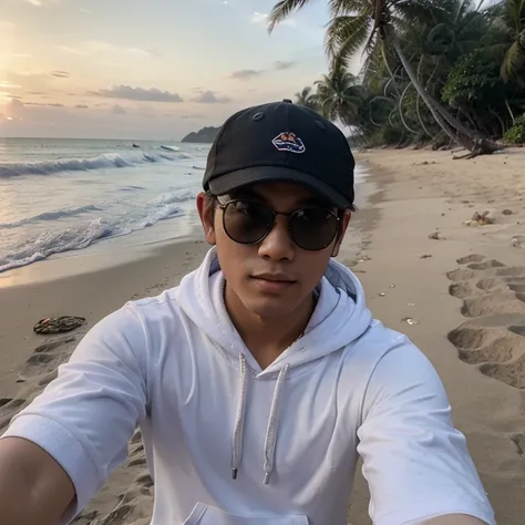 Young south east asian man taking a selfie on the beach, 8k selfie photograph, wearing hoodie, wearing sun glass and cap