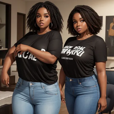 handsome and beautiful chubby black women surprised look with natural brown hair half body shot wearing a black t-shirt and jeans