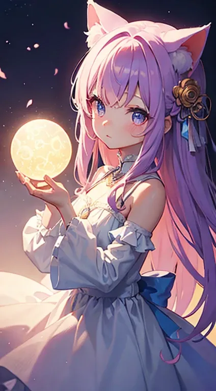 Beautiful magical little girl holding an orb in her hand、Hair is pink、Eyes are blue、It has cat ears、Luxurious dresses