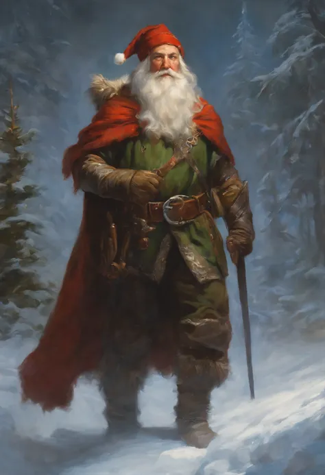 Painting of a man in a gnome costume with a dragon on his shoulder, Dave Dorman, Santa, a middle aged elf, Todd Lockwood, God of Winter, Icewind Dale, Johannes Helgeson, painted portrait of rugged odin, At eleven, gerald brom, Santa clause, kramskoi 4 k, i...