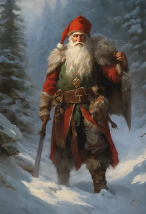 Painting of a man in a gnome costume with a dragon on his shoulder, Dave Dorman, Santa, a middle aged elf, Todd Lockwood, God of Winter, Icewind Dale, Johannes Helgeson, painted portrait of rugged odin, At eleven, gerald brom, Santa clause, kramskoi 4 k, i...