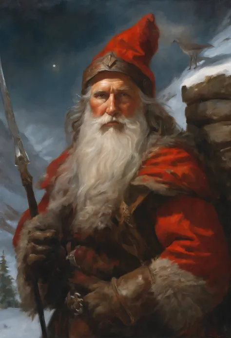 Painting of a man in a gnome costume with a dragon on his shoulder, Dave Dorman, Santa, a middle aged elf, Todd Lockwood, God of Winter, Icewind Dale, Johannes Helgeson, painted portrait of rugged odin, At eleven, gerald brom, Santa clause, kramskoi 4 k, i...