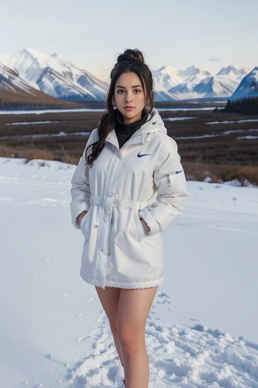 Wide angle lens, a brunette girl with long black curly hair in a long bun, in a mens white nike coat, clear blue eyes, in the snow, in Alaska, wearing high-top panties, full body medium, masterpiece, high quality, natural lighting, filmic grain, FujiFilm X...