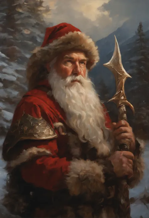 Painting of a man in a gnome costume with a dragon on his shoulder, Dave Dorman, Santa, a middle aged elf, Todd Lockwood, God of Winter, Icewind Dale, Johannes Helgeson, painted portrait of rugged odin, At eleven, gerald brom, Santa clause, kramskoi 4 k, i...