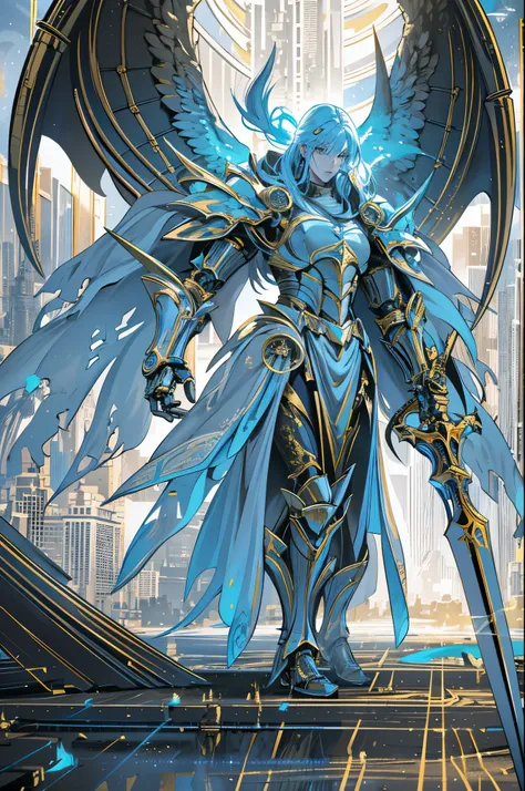 (best quality,highres),angel with a giant golden scythe,black-armored, with detailed eyes,holding the scythe high in a 45-degree angle,mechanical prostheses,monochrome exposure,dramatic lighting,cityscape in light blue holographic projection,sci-fi style.