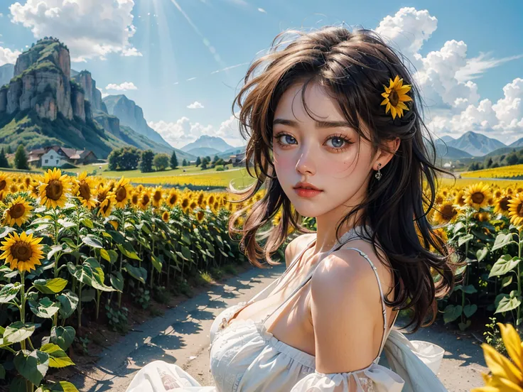 best quality, 8k, UHD, highres, masterpiece, ultra-detailed, realistic, photorealistic, photo-realistic, portrait, 1woman, long hair, sunflower, mountain, cloud, sky