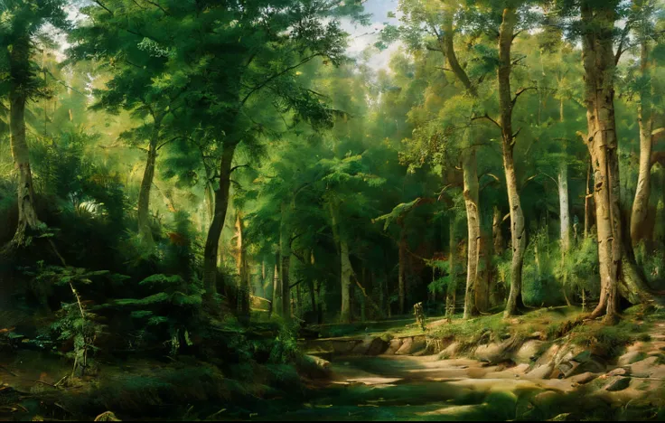 forest, sunlight, creek, water, pebbles, shishkin, bush, grass, best quality, ultra_detailed, landscape, oil painting, scenery