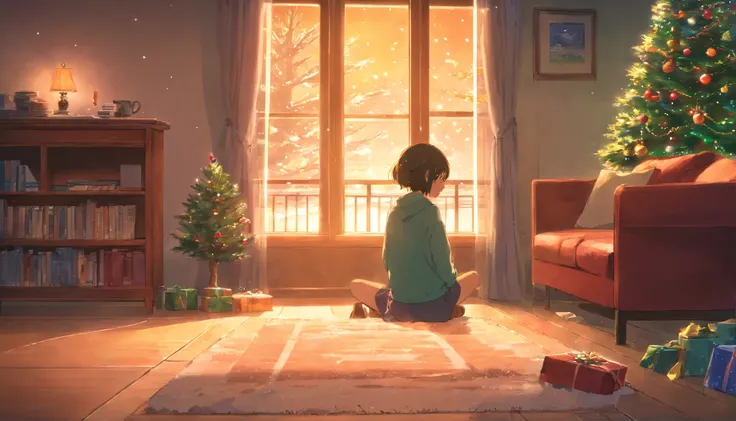 (Best Quality, Movie Poster Style) quiet room, Crouching in front of an unlit tree, Girl having a quiet Christmas