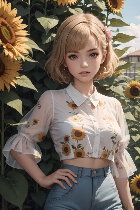 (((Masterpiece))), a sweet woman, top quality, super detailed, cute and spunky, retro 60s style, fair skin, short curly blonde hair with flower clips, pink button up crop top transparent floral print sleeves, tan high waist button up shorts, sunflowers