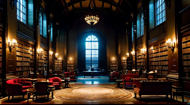 Large library lobby, antique style, lots of round tables and chairs, red carpet, dark with no lights on, moonlight shining through the windows