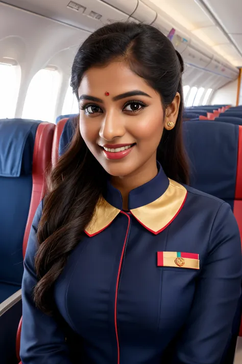 full body portrait of 25 year old Tamil girl, air hostess, standing and welcoming passengers in traditional praying pose inside the flight, (bright smile), (ultra detailed:1.6 face eyes eyelashes nose ears lips curves skin hands 5 fingers anatomy body part...